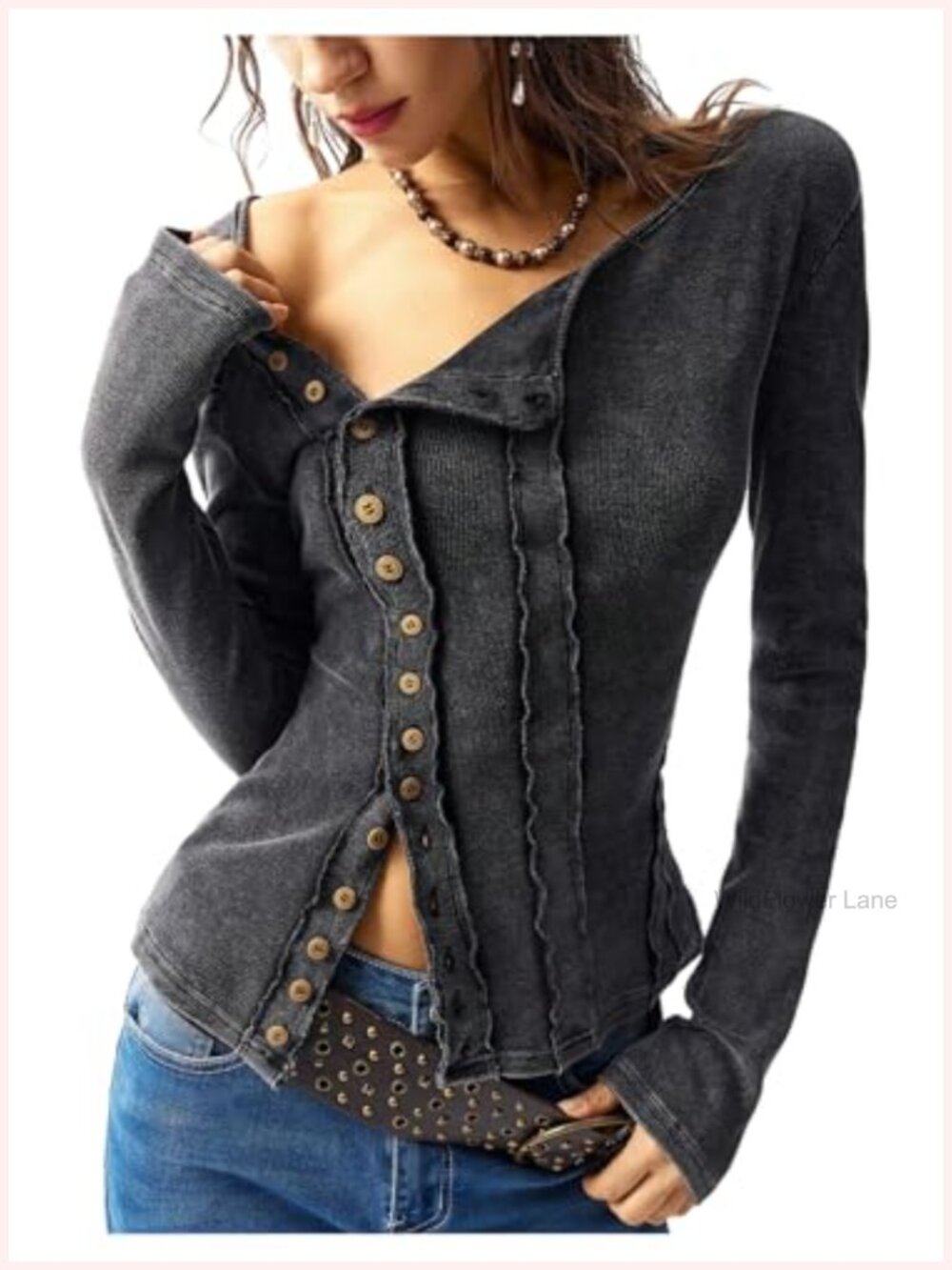 Women's Button Down Shirt Asymmetrical Neck Long Sleeve Knit Top